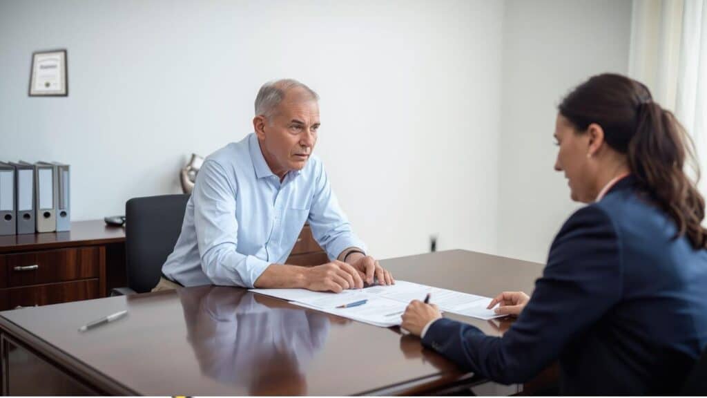 אדם יושב עם עורכת דין פנסיה למלא תביעת פנסיה לחברת הביטוח